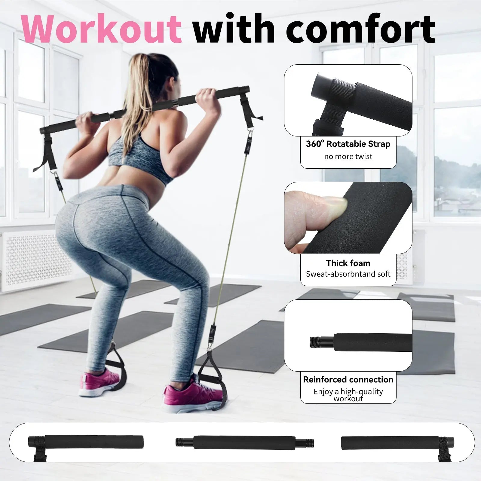 Professional Yoga & Pilates Bar Kit - 18-Piece Full-Body Workout Set With Adjustable 3-Section Bar, Ab Roller, 6 Resistance Bands, Ankle Straps & Door Anchor Bpower Fitness