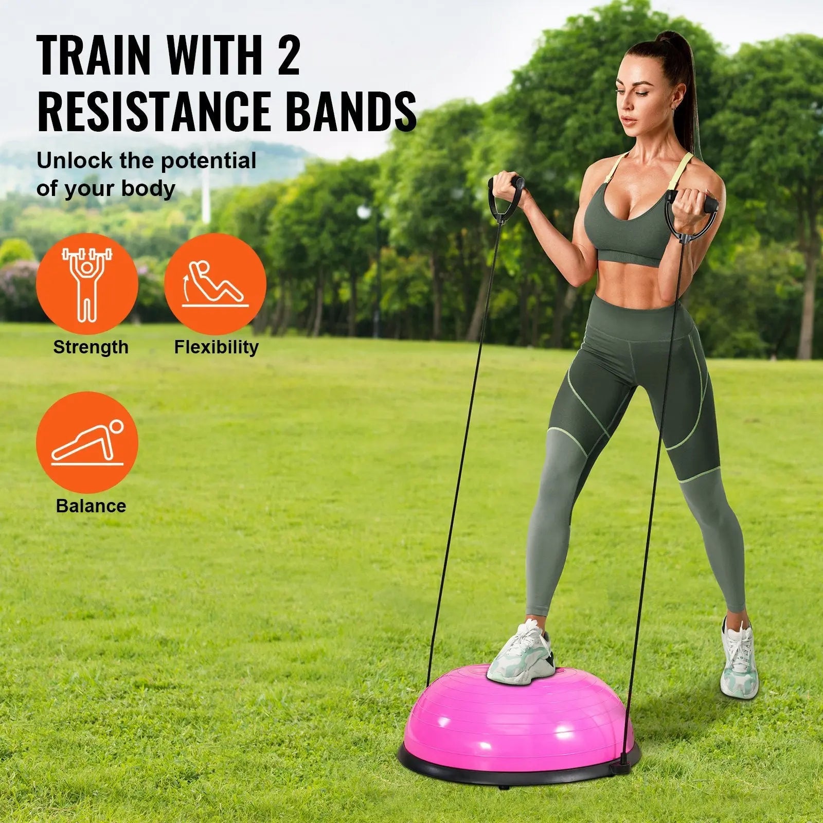 VEVOR Half Exercise Ball Trainer, 23 Inch Balance Ball Trainer, 660lbs Capacity Stability Ball, Yoga Ball With Resistance Bands & Foot Pump, Strength Fitness Ball For Home Gym, Full Body Workout, Bpower Fitness