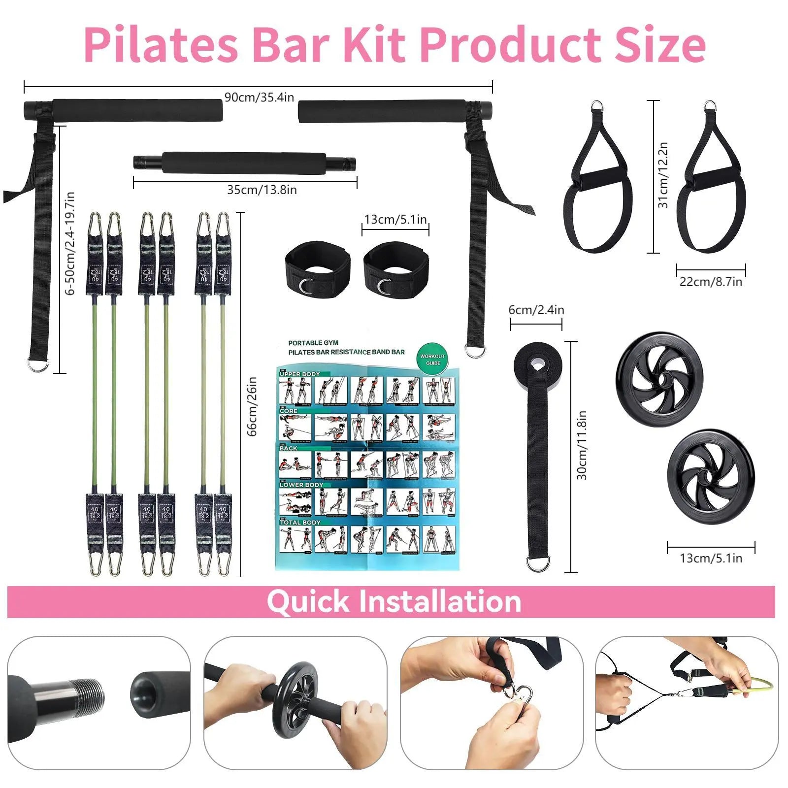 Professional Yoga & Pilates Bar Kit - 18-Piece Full-Body Workout Set With Adjustable 3-Section Bar, Ab Roller, 6 Resistance Bands, Ankle Straps & Door Anchor Bpower Fitness