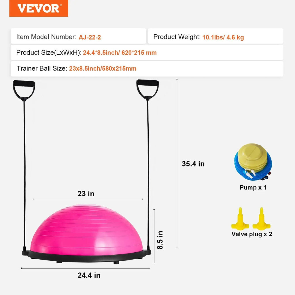 VEVOR Half Exercise Ball Trainer, 23 Inch Balance Ball Trainer, 660lbs Capacity Stability Ball, Yoga Ball With Resistance Bands & Foot Pump, Strength Fitness Ball For Home Gym, Full Body Workout, Bpower Fitness