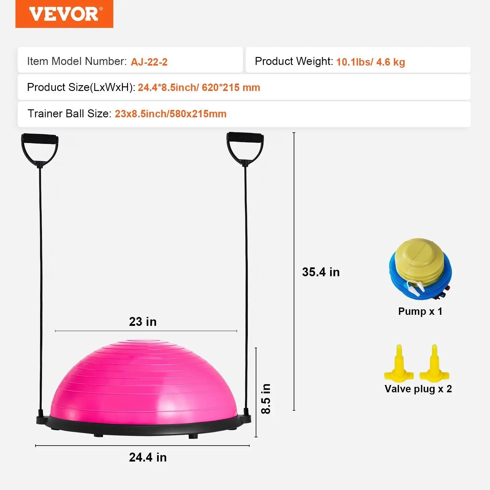 VEVOR Half Exercise Ball Trainer, 23 Inch Balance Ball Trainer, 660lbs Capacity Stability Ball, Yoga Ball With Resistance Bands & Foot Pump, Strength Fitness Ball For Home Gym, Full Body Workout, Bpower Fitness
